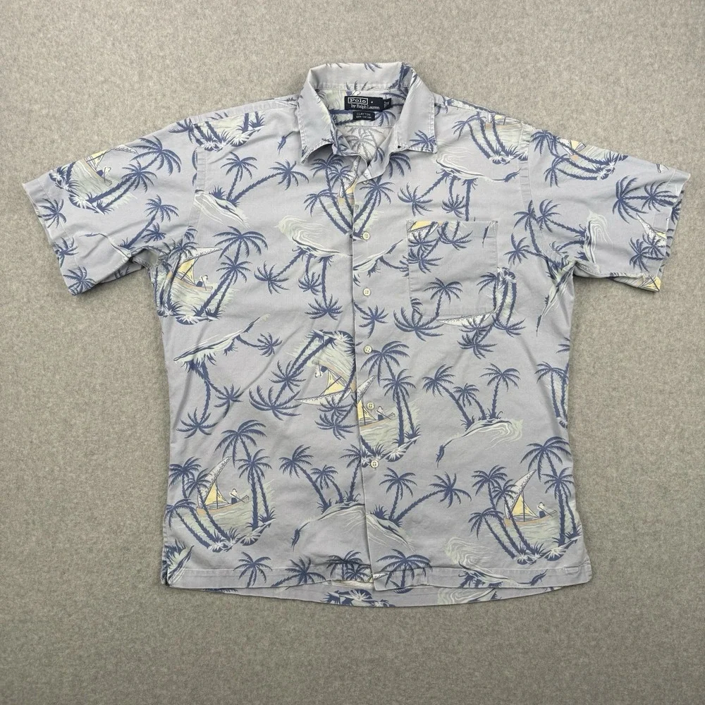 Vintage Polo Ralph Lauren Shirt Mens Medium Blue Floral Clayton Loop Collar Camp